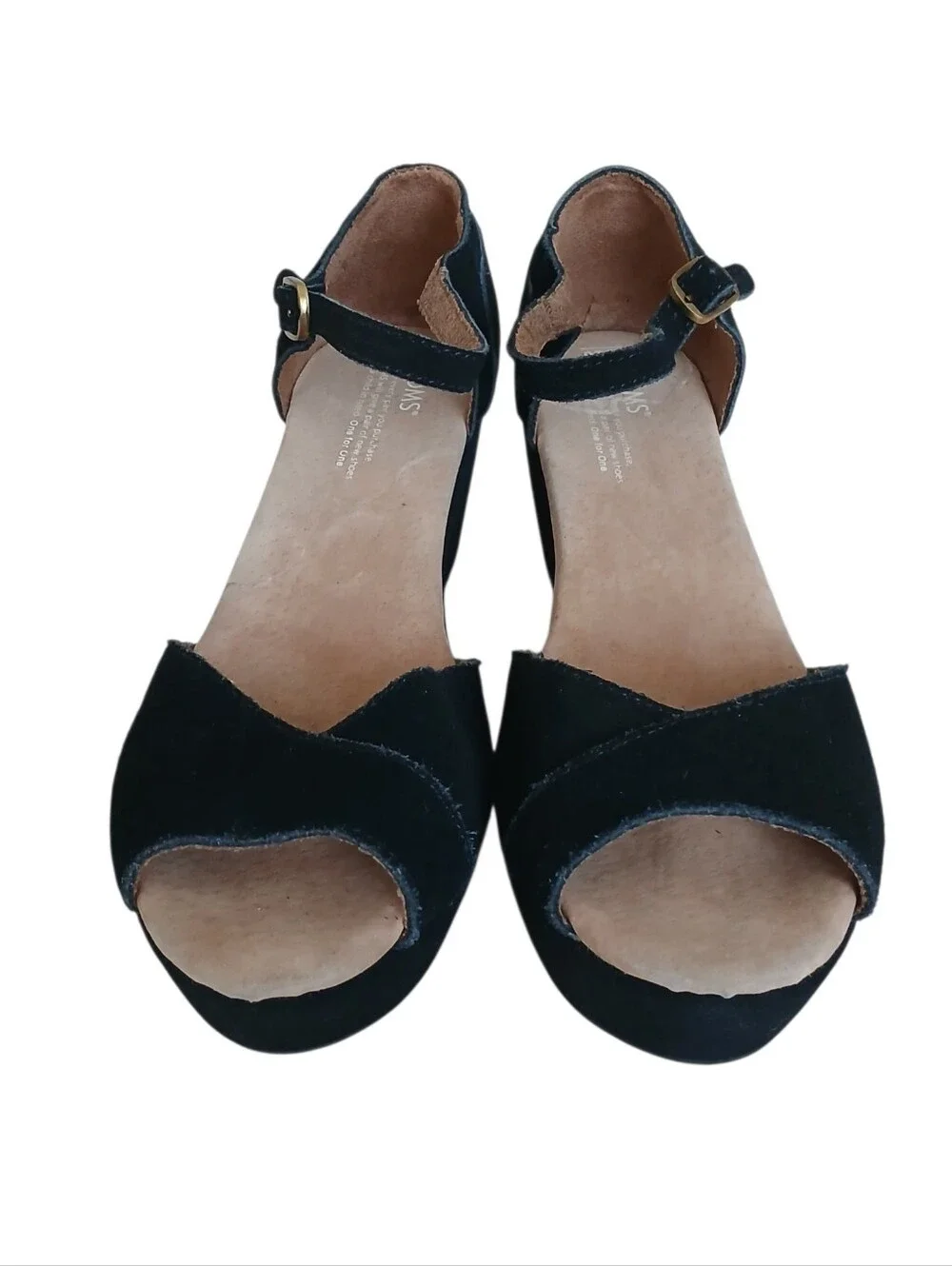 TOM'S Platform Suede Peep Toe Sandals Women's 10 Black Comfort Ankle Strap
